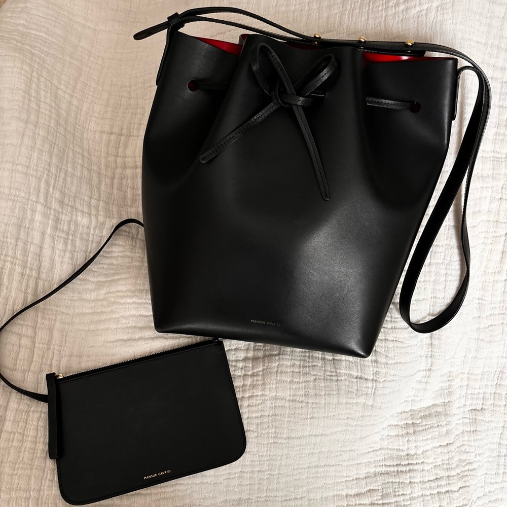 Mansur Gavriel Bucket Bag and Zip Pouch in Black/Flamma
